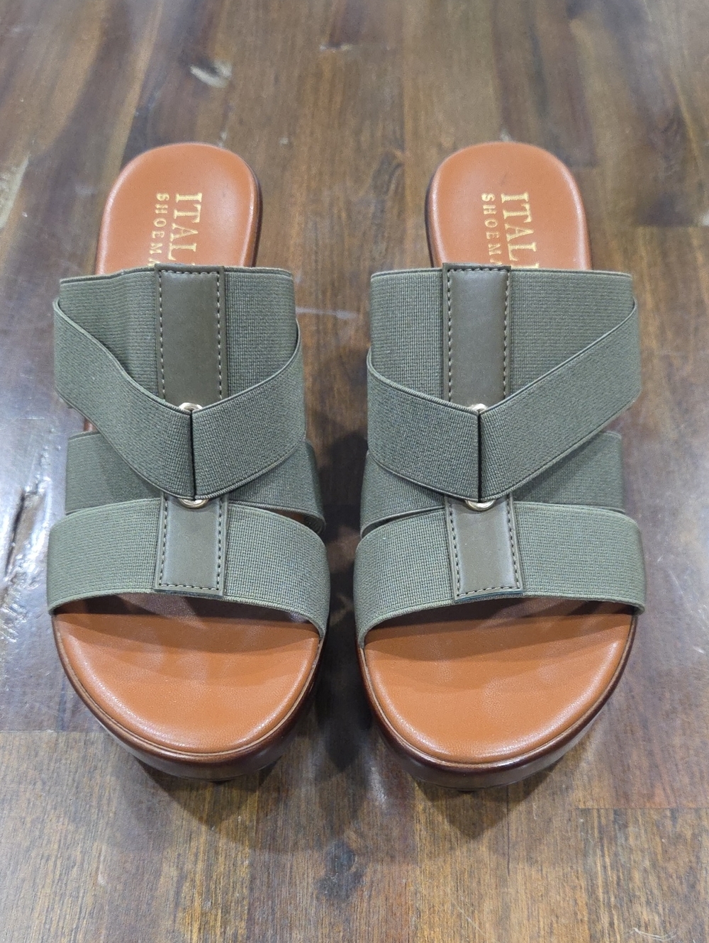 Italian Shoemakers Olive and Tan Crossband Wedge Sandal